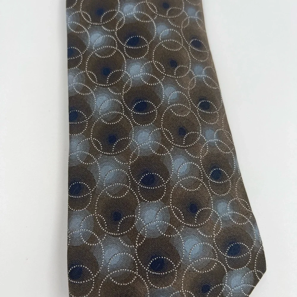 Van Heusen 100% Silk Brown and Blue Geometric Circles Tie Handmade necktie